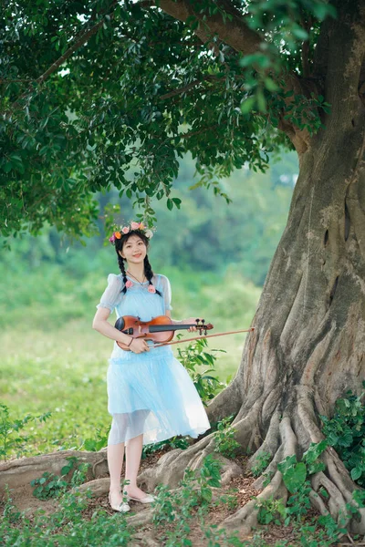 stock image The girl is playing the violin under the big tree