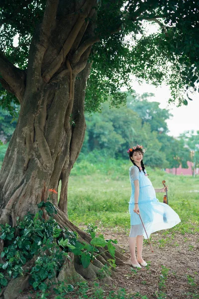 Dziewczyna Gra Skrzypcach Pod Wielkim Drzewem — Zdjęcie stockowe