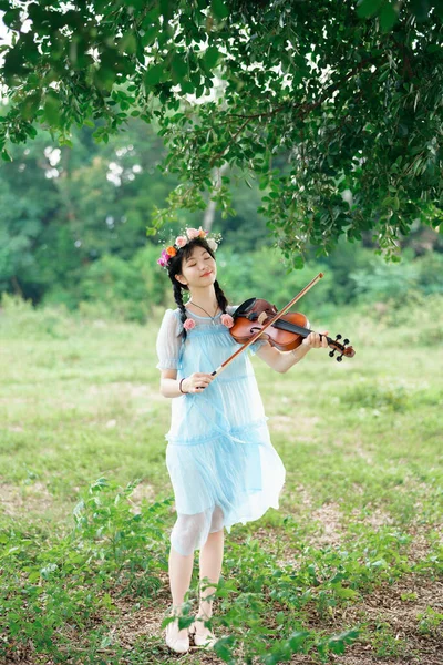 stock image The girl is playing the violin under the big tree