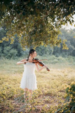 Kız büyük ağacın altında keman çalıyor.