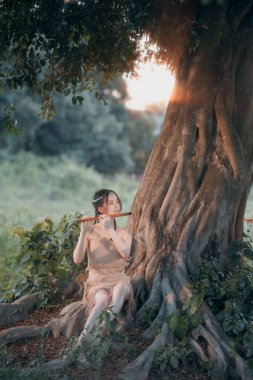 Nostaljik tema, ağacın altında flüt çalan kız.