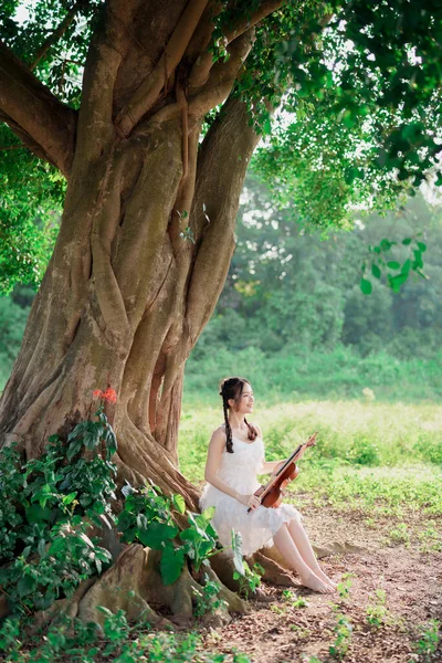 女孩正在大树下拉小提琴 — 图库照片