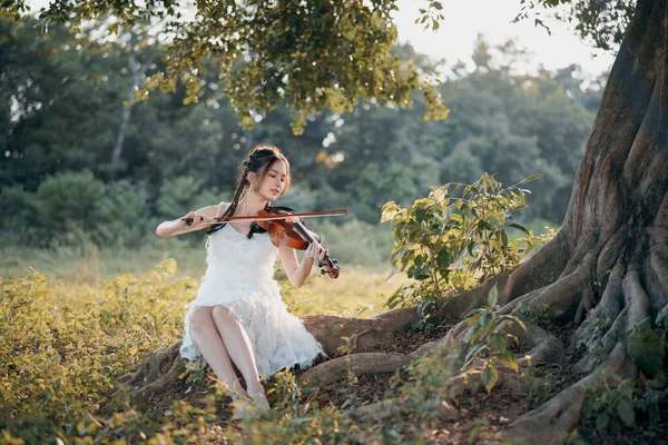 Ragazza Sta Suonando Violino Sotto Grande Albero — Foto Stock