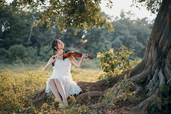 Chica Está Tocando Violín Bajo Gran Árbol — Foto de Stock
