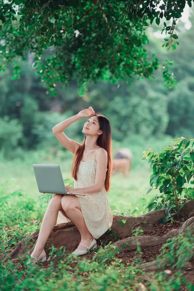 Kız ormanda dizüstü bilgisayar kullanıyor.