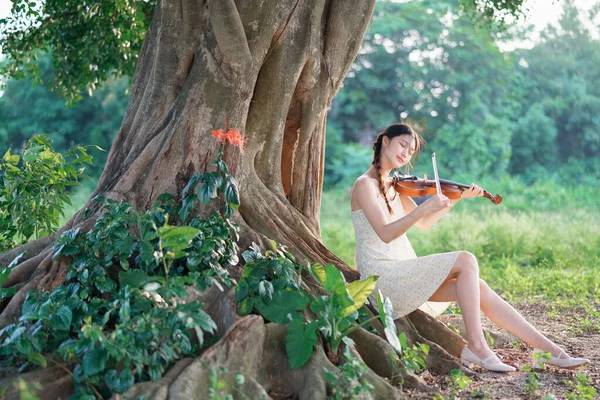 Jovem Tocou Violino Floresta — Fotografia de Stock