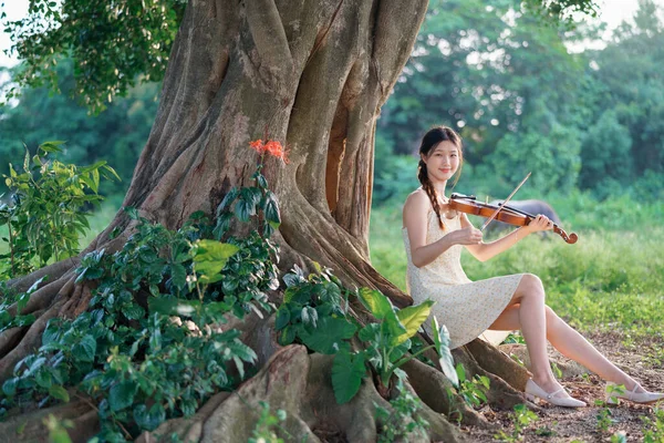 Девушка Играла Скрипке Лесу — стоковое фото