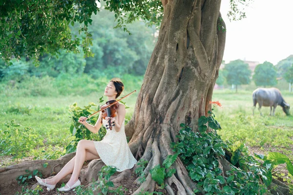 少女は森の中でバイオリンを弾いた — ストック写真