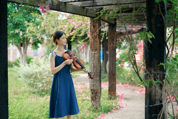 stock image The girl is playing the violin in the garden