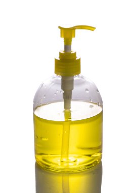 Beyaz arka plan üzerinde plastik Sabunluk sıvı El temizleyici sabun