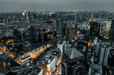 Şangay 'ın şehir manzarası gece.