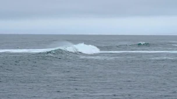 一个单一的波浪从太平洋滚到加利福尼亚州蒙特雷湾的岩石中 速度慢了一半 摄像机随着浪涌而下带着声音 — 图库视频影像