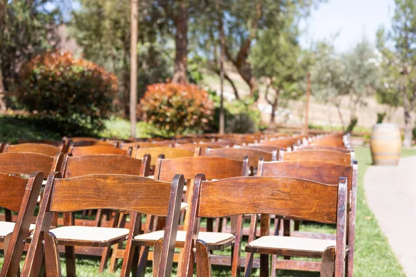 Rows Wooden Event Chairs Wedding Venue Abstract — Stock Photo, Image