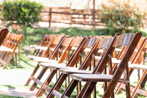 Rows Wooden Event Chairs Wedding Venue Abstract — Stock Photo, Image