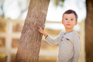 Outdoor portrait of a mixed race Chinese and Caucasian boy.
