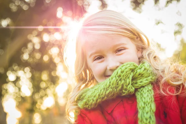 小女孩在公园里穿着冬天的外套和围巾 — 图库照片