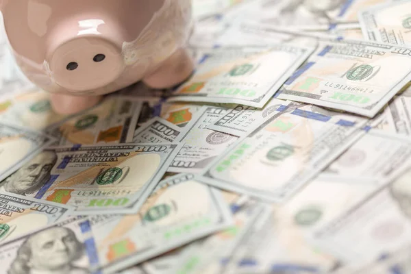 Piggy Bank Uma Cama Cem Dólares Contas Com Espaço Para — Fotografia de Stock