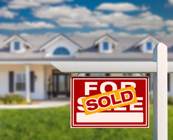 Sold Sale Real Estate Sign Front New House — Stock Photo, Image
