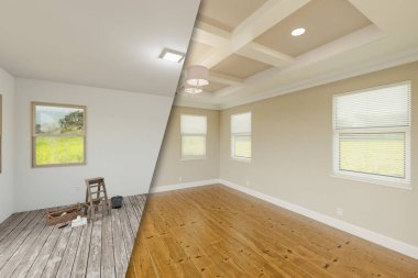 Tan Before and After of Master Bedroom Showing The Unfinished and Renovation State Complete with Coffered Ceilings and Molding. clipart