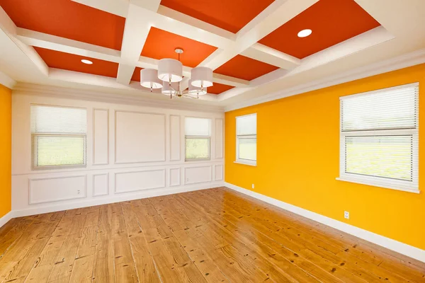 Beautiful Bold Red Yellow Custom Master Bedroom Complete Entire Wainscoting — стокове фото