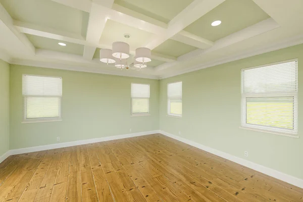 浅绿色浅绿色美丽的定制主卧室 配以新鲜油漆 皇冠及基座造型 硬木地板及屋顶装饰 — 图库照片