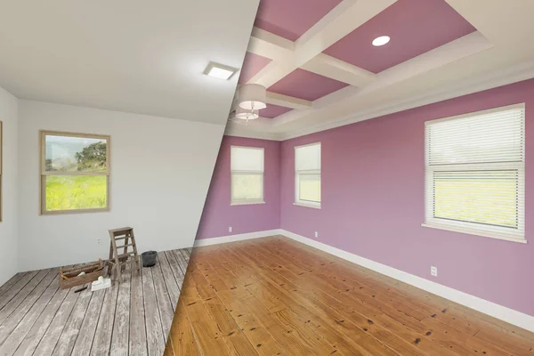 Lilac Master Bedroom Showing Unfinished Renovation State Complete Coffered Ceilings — Stok Foto