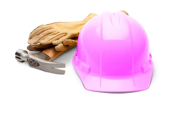 Конструкция Розовой Безопасности Hard Hat Hammer Leather Gloves Isolated White — стоковое фото