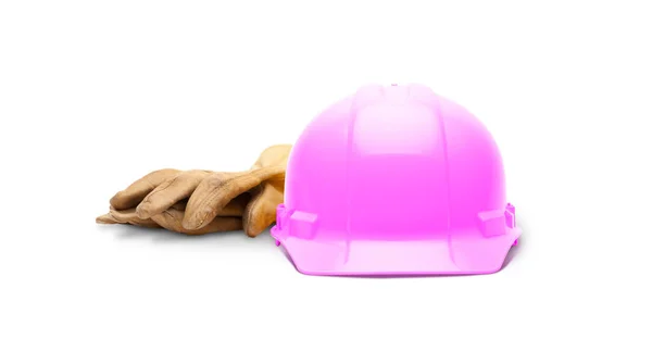 Pink Safety Construction Hard Hat Leather Gloves Isolated White Background — Stock Photo, Image