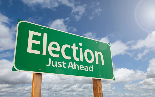 Election Just Ahead Green Road Sign Clouds Blue Sky — Stock Photo, Image