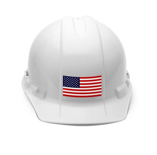 Vit Hardhat Med Amerikansk Flagga Decal Framsidan Isolerad Vit Bakgrund — Stockfoto