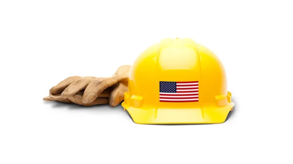 Geel Hardhat Met Een Amerikaanse Vlag Sticker Voorkant Handschoenen Geïsoleerd — Stockfoto