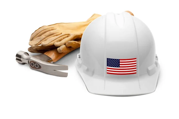 White Hardhat American Flag Decal Front Hammer Gloves Isolated White — Stock Photo, Image
