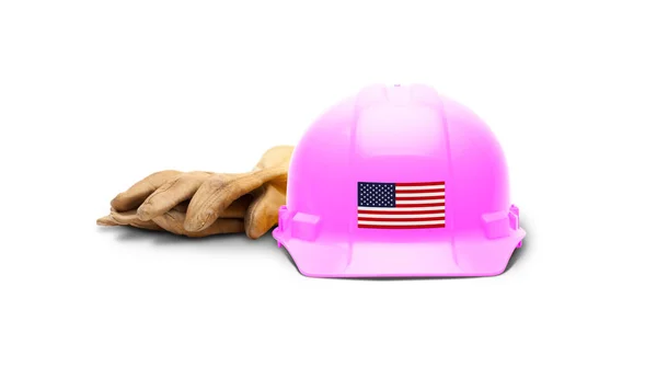 Růžový Hardhat Americkou Vlajkovou Nálepkou Přední Straně Rukavicemi Izolované Bílém — Stock fotografie