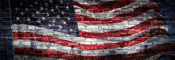 Αμερικανική Σημαία Πάνω Από Σκληρό Τούβλο Τοίχο Φόντο Banner — Φωτογραφία Αρχείου