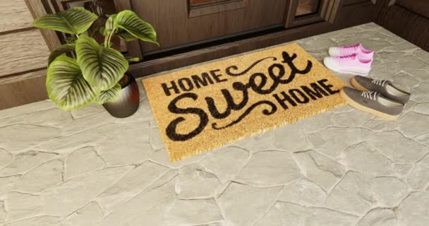 Slow Hand Held Pan Zoom Home Sweet Home Doormat Porta — Vídeo de Stock