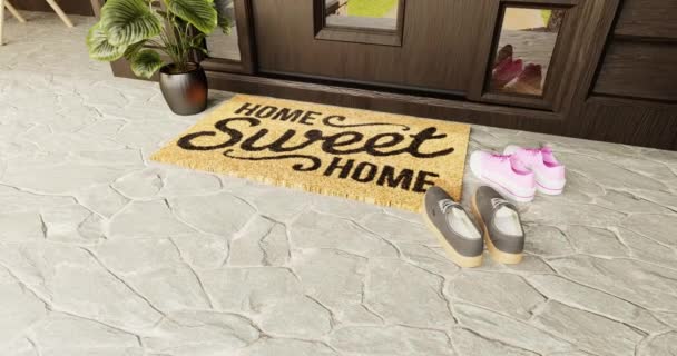 Långsam Handhållen Pan Och Zoom Home Sweet Home Doormat Vid — Stockvideo