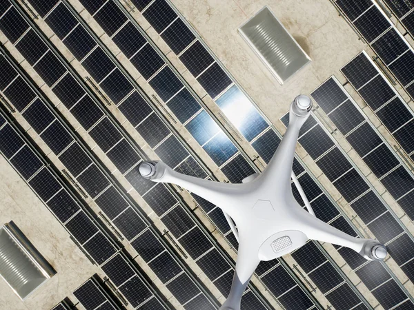 Güneş Panelleriyle Kaplı Bir Sanayi Deposunun Çatısında Uçan Bir Nın — Stok fotoğraf