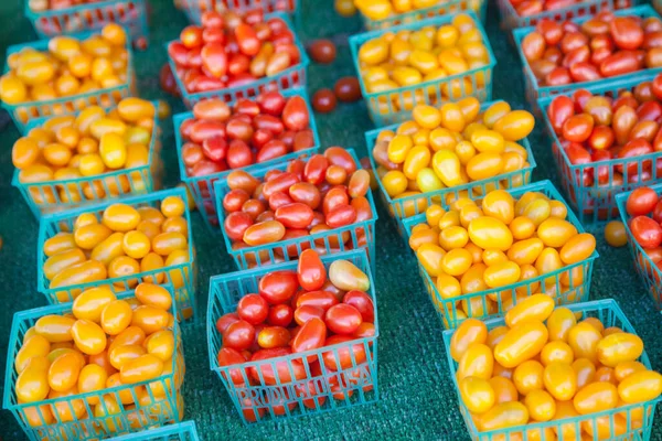 Nyplockat Urval Ekologiska Tomater Som Visas Jordbruksmarknaden — Stockfoto