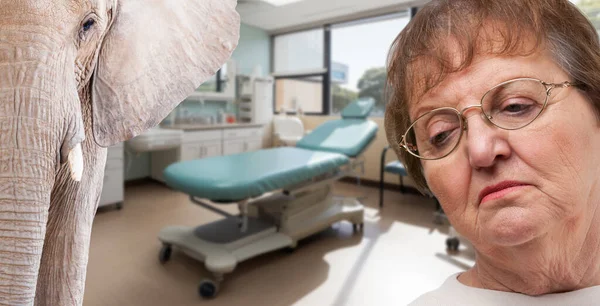 Endişeli Yaşlı Kadın Odada Fil Olan Bir Hastanedeki Kadın — Stok fotoğraf