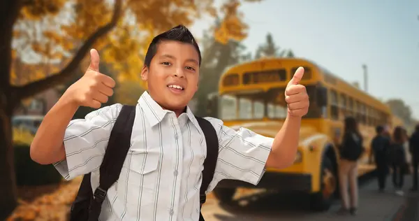 Excited Young Hispanic Boy Wearing Backpack Giving Two Thumbs Campus — Stock Photo, Image