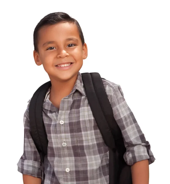 Happy Young Hispanic School Boy Dragen Rugzak Geïsoleerd Een Witte — Stockfoto