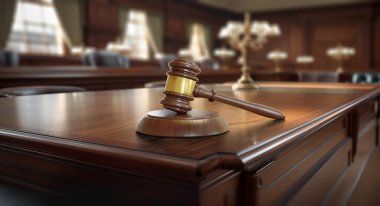 Gavel Boş Bir Adliyedeki Masanın Üzerinde Dinleniyor.