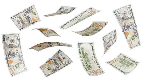 Collection Falling One Hundred Dollar Bills Isolated White Background — Stock Photo, Image