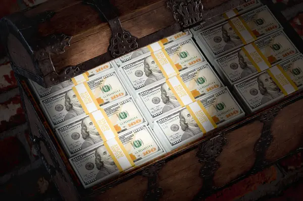 Flashlight Shining on a Treasure Chest Filled with Millions of Dollars in Cash in a Dark Room.