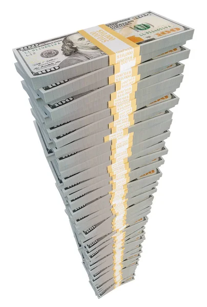 Lange Stapel Van Een Miljoen Dollar Honderd Dollar Biljetten Geïsoleerd — Stockfoto