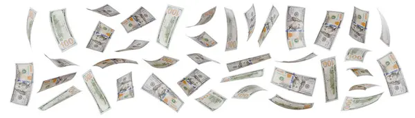 Collection Falling One Hundred Dollar Bills Isolated White Background — Stock Photo, Image