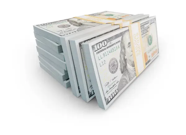 一堆堆散落在白色背景下的一百美元钞票 — 图库照片#