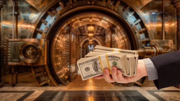 Man Handing Stacks Thousands Dolars Giant Vault Background — Stock fotografie