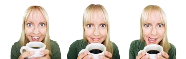 Funny Faced Woman Cieszy Się Filiżanką Kawy Zestaw Trzech Izolowanych — Zdjęcie stockowe