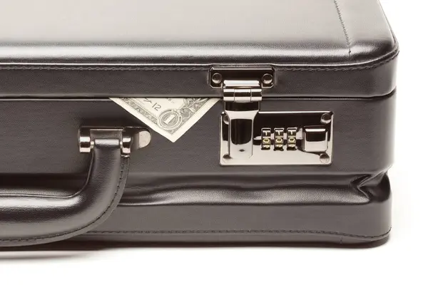 Black Leather Briefcase Dollar Corner Exposed — ストック写真